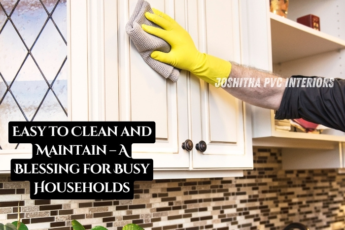 Easy-to-clean UPVC kitchen cabinet surface maintained by Joshitha PVC Interiors in Chennai – perfect for busy households needing low-maintenance solutions